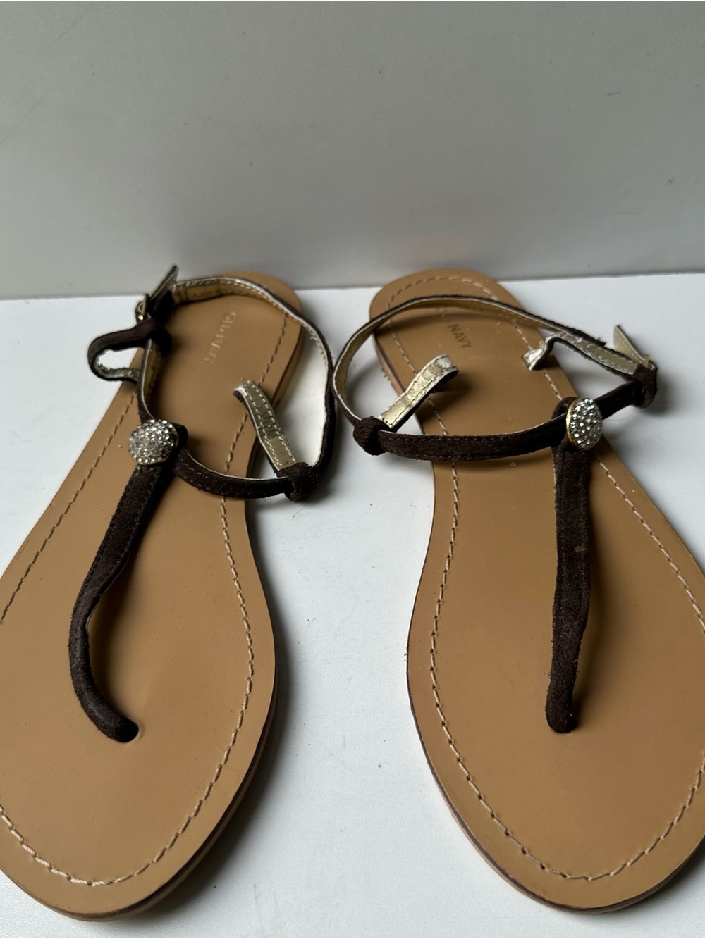 Old Navy Brown Suede Rhinestone T-Strap Flat Sandals Women's Size 7
